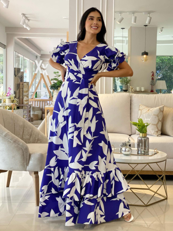 V-Neck Lace-Up Waist Paneled Wood Ear-Hem Dress