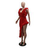 Red Sleeveless Pleated Backless Rolled Hem Sexy Dress