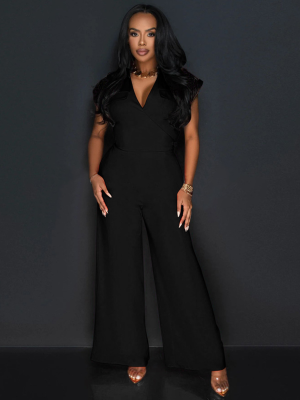 Black Fashionable Solid Color Sleeveless V-Neck Wide-Leg Jumpsuit