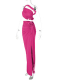 Rose Red Sexy Backless Tube Top and Slim Slit Skirt Suit