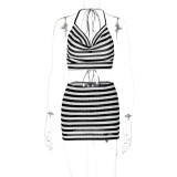 Sexy Halterneck Backless Fashion Striped Bag Hip Skirt Two-Piece Set