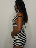 Sexy Halterneck Backless Fashion Striped Bag Hip Skirt Two-Piece Set