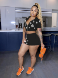 Black Zippered Hooded Short-Sleeved Shorts Printed Two-Piece Set