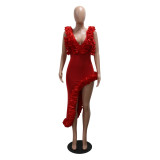 Red Sleeveless Pleated Backless Rolled Hem Sexy Dress