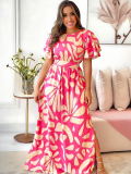 Pink Casual Printed Side Slit Wood Ear Dress