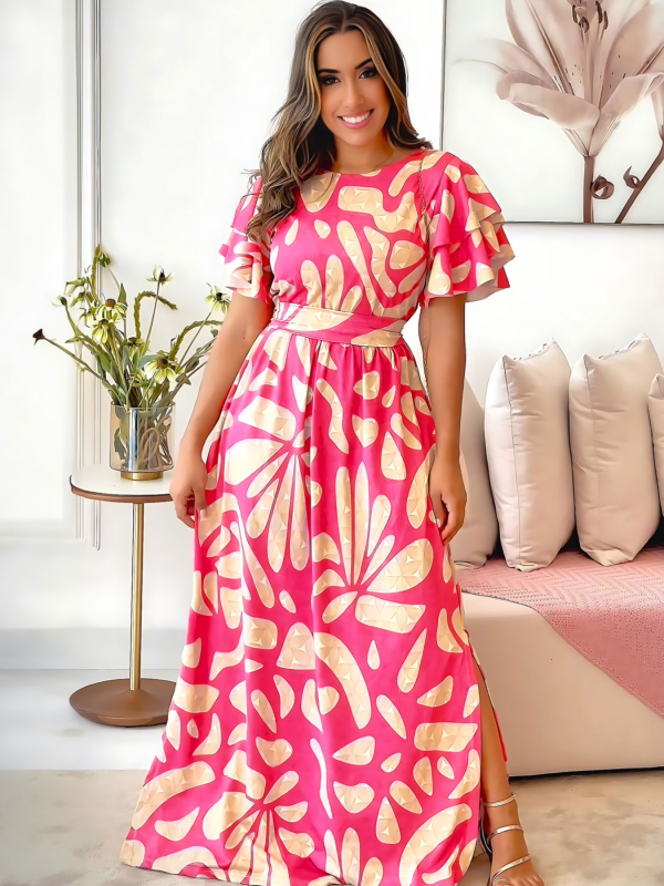 Pink Casual Printed Side Slit Wood Ear Dress