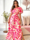 Pink Casual Printed Side Slit Wood Ear Dress
