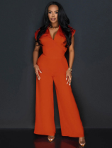 Orange Fashionable Solid Color Sleeveless V-Neck Wide-Leg Jumpsuit