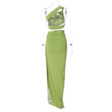 Green Sexy Backless Tube Top and Slim Slit Skirt Suit