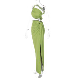 Green Sexy Backless Tube Top and Slim Slit Skirt Suit