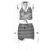 Sexy Halterneck Backless Fashion Striped Bag Hip Skirt Two-Piece Set