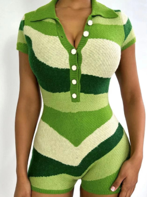 Green Stylish Knitted Contrast Color V-neck Short-sleeved Jumpsuit