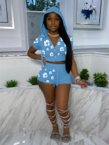 Blue Zippered Hooded Short-Sleeved Shorts Printed Two-Piece Set