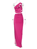 Rose Red Sexy Backless Tube Top and Slim Slit Skirt Suit