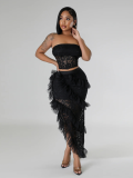 Black Sleeveless Lace Tube Top Irregular Skirt Solid Color Two-Piece Set