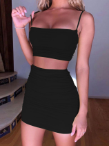 Black Sexy Camisole Pleated Butt-hugging Skirt Two-piece Set