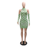 Green Fashionable Backless Sequined Hip Dress With Bag (Including Gloves)