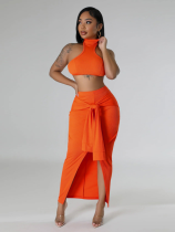 Orange Stand Collar Solid Color Waist Sleeveless Sexy Two Piece Set