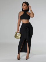 Black Stand Collar Solid Color Waist Sleeveless Sexy Two Piece Set