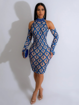 Blue Fashionable Backless Sequined Hip Dress With Bag (Including Gloves)
