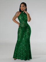 Green Fashionable Lace Backless Slim Fit Halter Bag Hip Dress