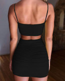 Black Sexy Camisole Pleated Butt-hugging Skirt Two-piece Set