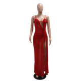 Red Sexy See-Through Mesh Solid Color High Slit Dress