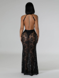 Black Fashionable Lace Backless Slim Fit Halter Bag Hip Dress