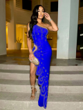 Blue Sloped Shoulder Irregular Solid Color Perm Diamond Bag Hip Dress