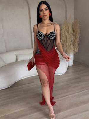 Red Strap Solid Color Permed Diamond Mesh Irregular Sexy Dress