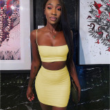 Yellow Sexy Camisole Pleated Butt-hugging Skirt Two-piece Set