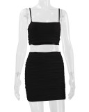 Black Sexy Camisole Pleated Butt-hugging Skirt Two-piece Set