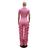 Pink Fashionable Short-Sleeved Loose Slim Fit Jumpsuit