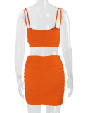 Orange Sexy Camisole Pleated Butt-hugging Skirt Two-piece Set