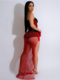 Red Strap Solid Color Permed Diamond Mesh Irregular Sexy Dress
