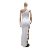 White Sloped Shoulder Irregular Solid Color Perm Diamond Bag Hip Dress