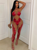 Red Sexy Mesh See-Through Sequined Tube Top Slim Fit Jumpsuit