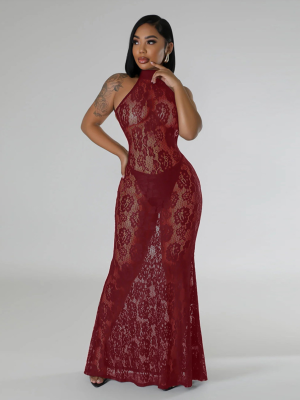 Wine Red Fashionable Lace Backless Slim Fit Halter Bag Hip Dress