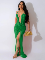 Green Sexy See-Through Mesh Solid Color High Slit Dress