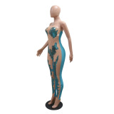 Blue Sexy Mesh See-Through Sequined Tube Top Slim Fit Jumpsuit