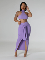 Purple Stand Collar Solid Color Waist Sleeveless Sexy Two Piece Set
