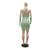 Green Fashionable Backless Sequined Hip Dress With Bag (Including Gloves)