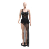 Black Strap Solid Color Permed Diamond Mesh Irregular Sexy Dress
