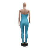 Blue Sexy Mesh See-Through Sequined Tube Top Slim Fit Jumpsuit