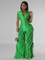 Green Fashionable Short-Sleeved Loose Slim Fit Jumpsuit