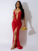 Red Sexy See-Through Mesh Solid Color High Slit Dress