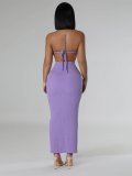 Purple Stand Collar Solid Color Waist Sleeveless Sexy Two Piece Set