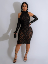 Black Fashionable Backless Sequined Hip Dress With Bag (Including Gloves)