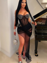 Black Strap Solid Color Permed Diamond Mesh Irregular Sexy Dress