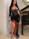 Black Strap Solid Color Permed Diamond Mesh Irregular Sexy Dress